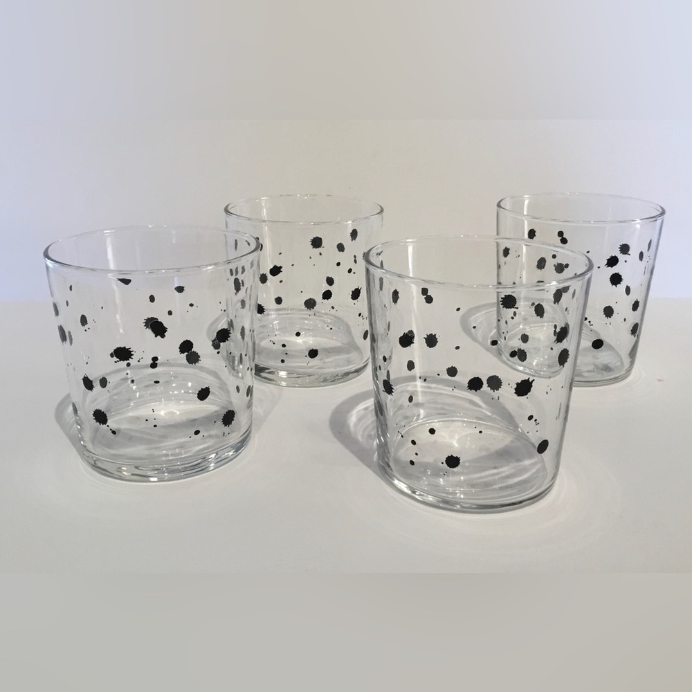 IKEA Drinking Glass W/Black Paint Splatter/Dots  (Jackson Pollok Style) Set of 4